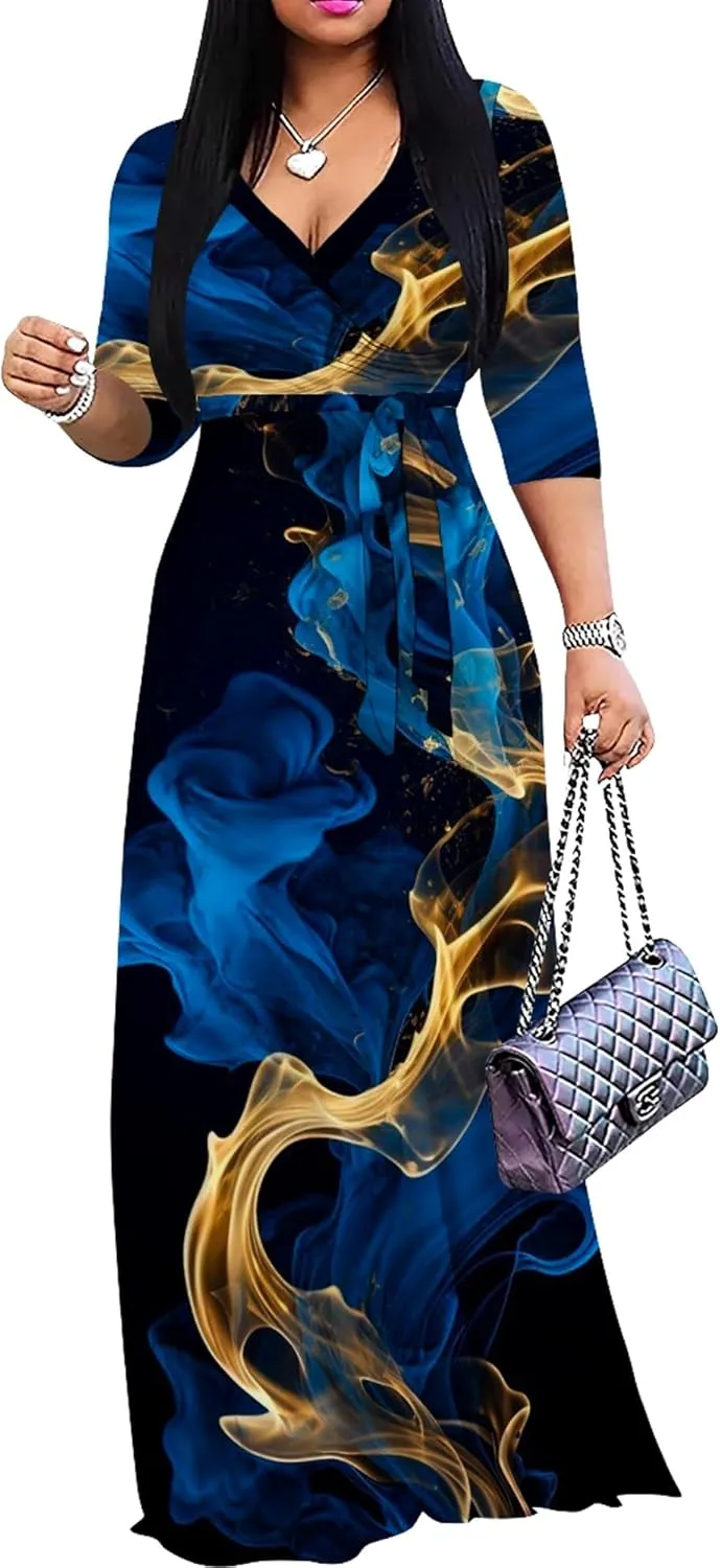Plus Size Women's Maxi Dress Colorful Printed Maxi Dress Bohemian Casual Summer Sundress V Neck 3/4 Sleeves