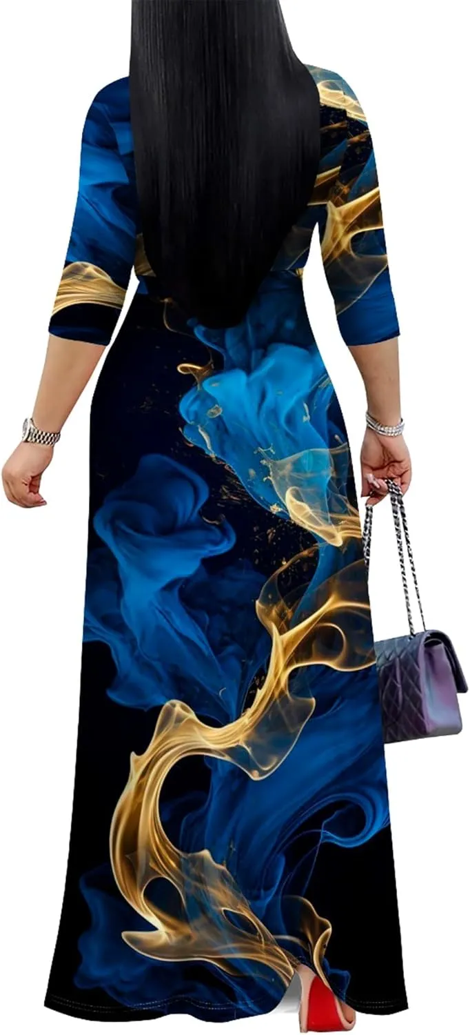Plus Size Women's Maxi Dress Colorful Printed Maxi Dress Bohemian Casual Summer Sundress V Neck 3/4 Sleeves