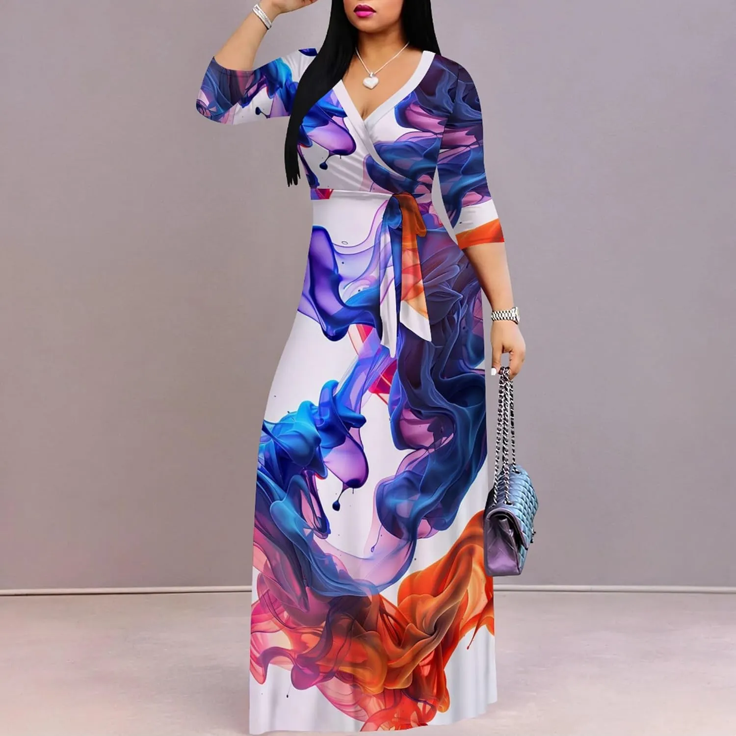 Plus Size Women's Maxi Dress Colorful Printed Maxi Dress Bohemian Casual Summer Sundress V Neck 3/4 Sleeves