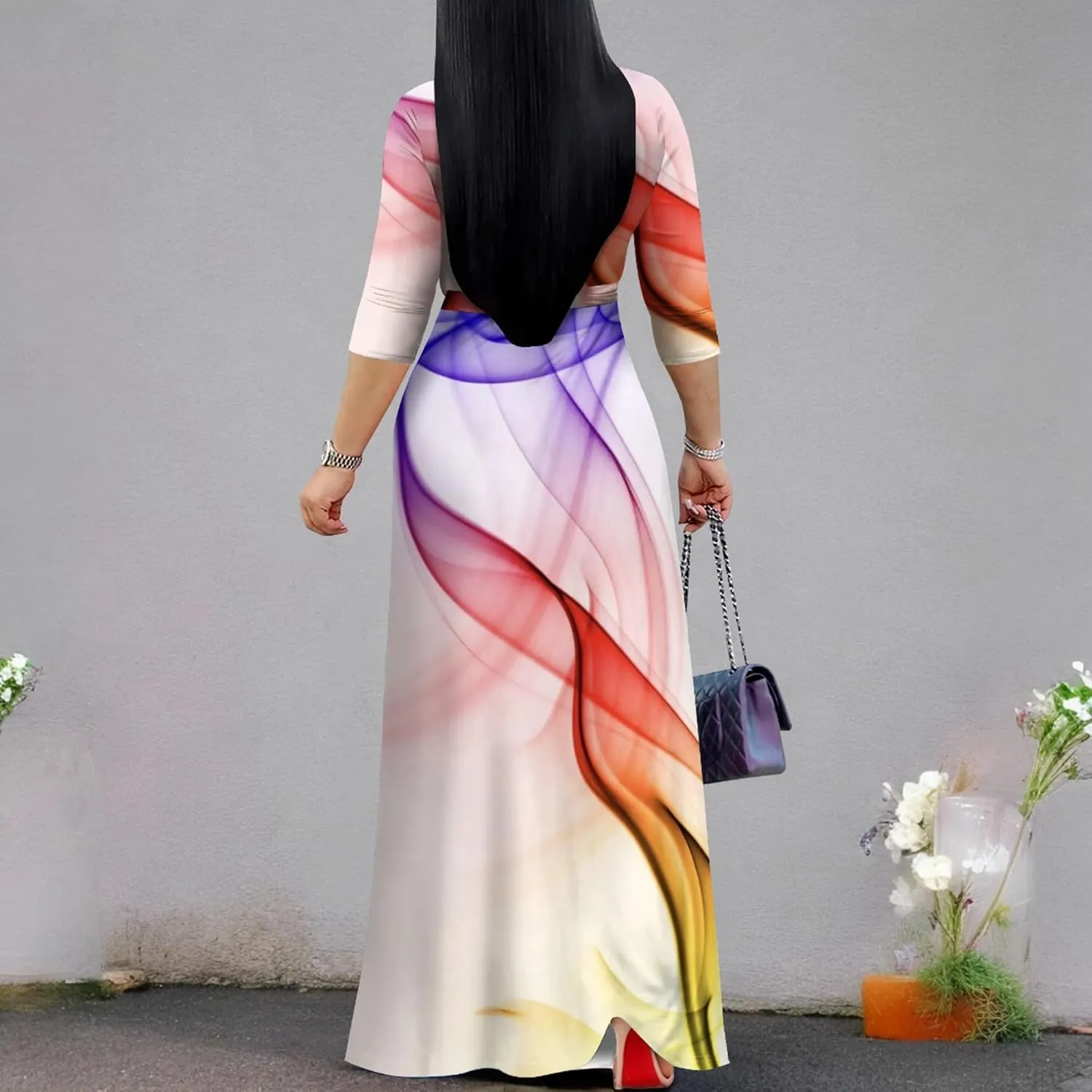 Plus Size Women's Maxi Dress Colorful Printed Maxi Dress Bohemian Casual Summer Sundress V Neck 3/4 Sleeves