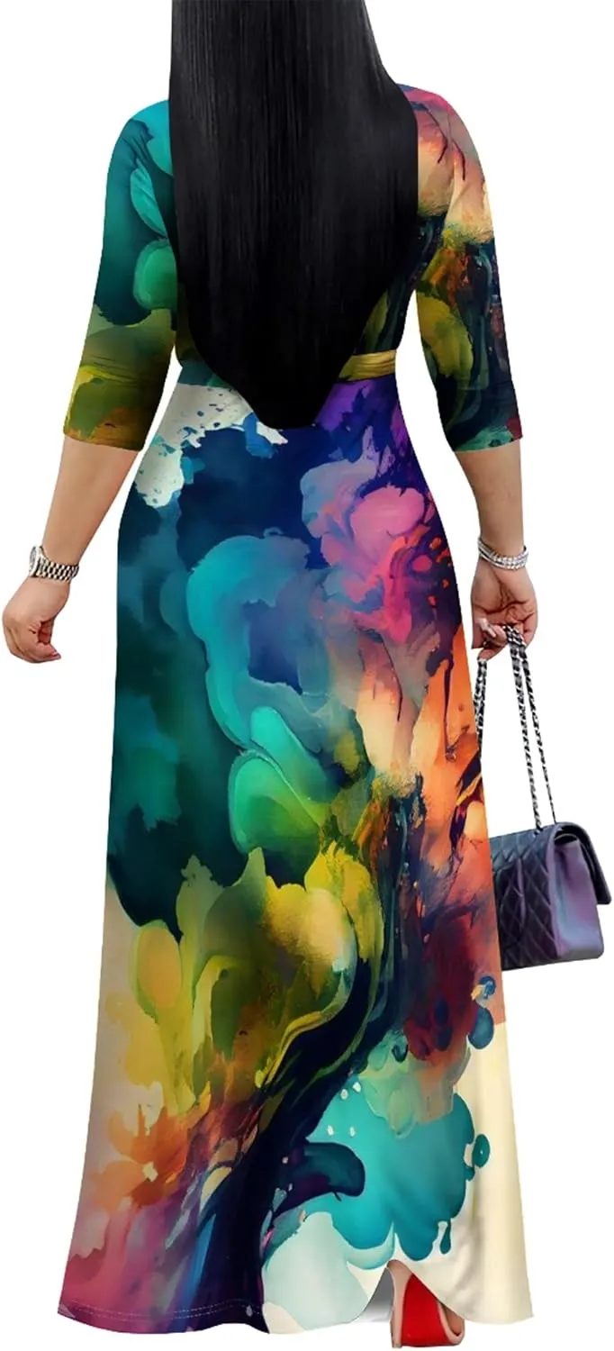 Plus Size Women's Maxi Dress Colorful Printed Maxi Dress Bohemian Casual Summer Sundress V Neck 3/4 Sleeves