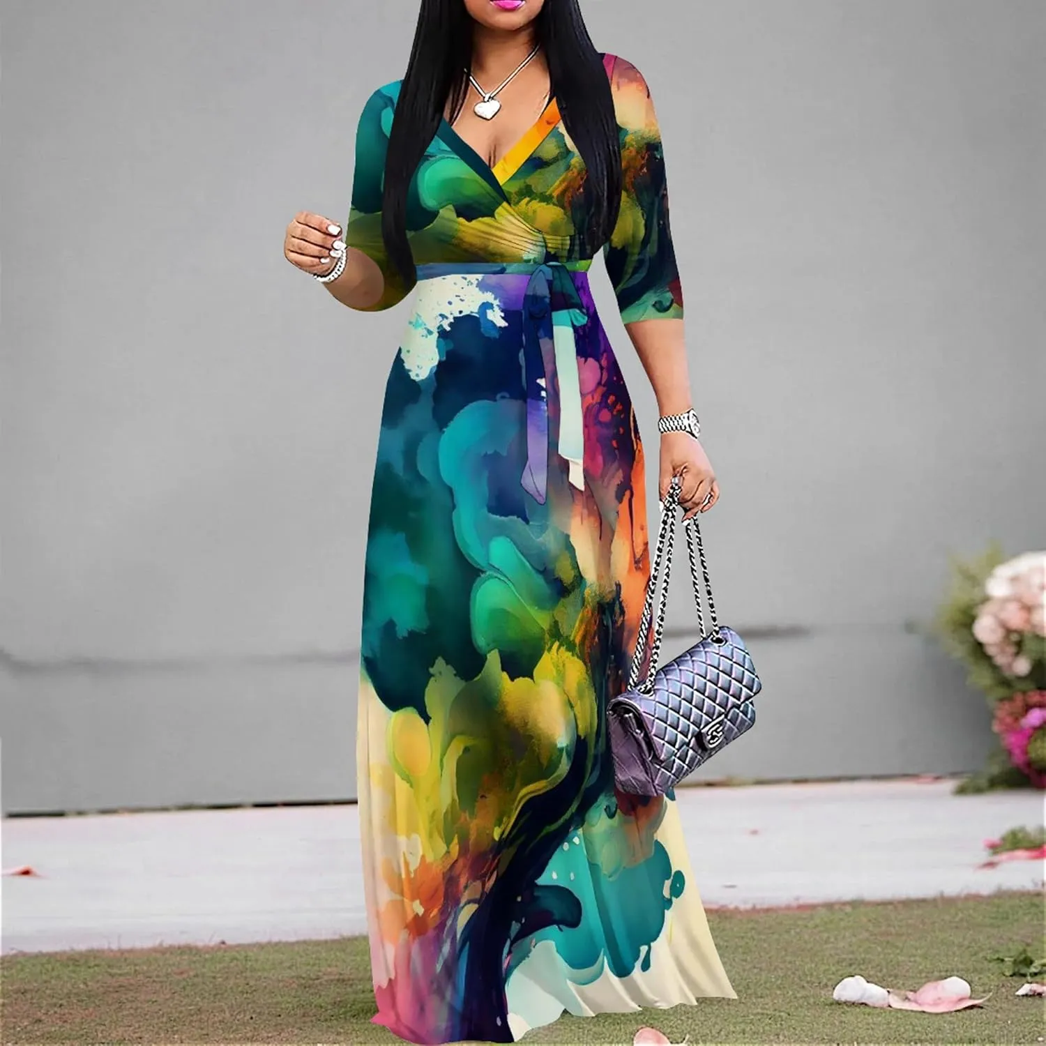 Plus Size Women's Maxi Dress Colorful Printed Maxi Dress Bohemian Casual Summer Sundress V Neck 3/4 Sleeves