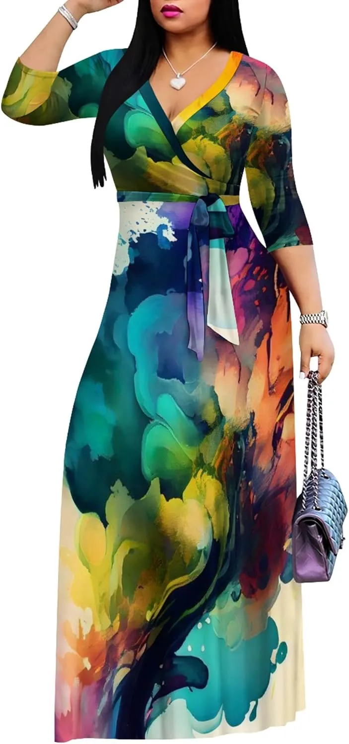 Plus Size Women's Maxi Dress Colorful Printed Maxi Dress Bohemian Casual Summer Sundress V Neck 3/4 Sleeves