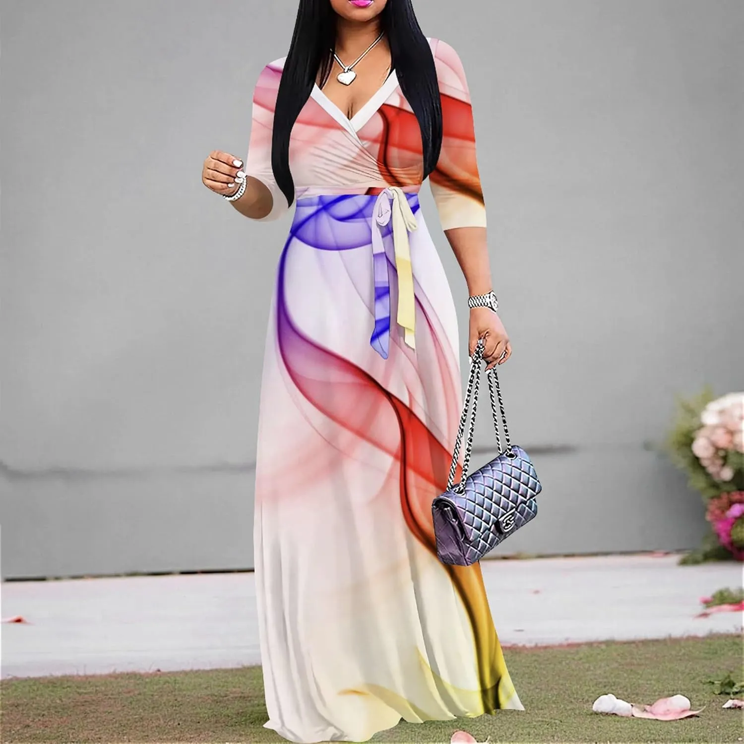 Plus Size Women's Maxi Dress Colorful Printed Maxi Dress Bohemian Casual Summer Sundress V Neck 3/4 Sleeves
