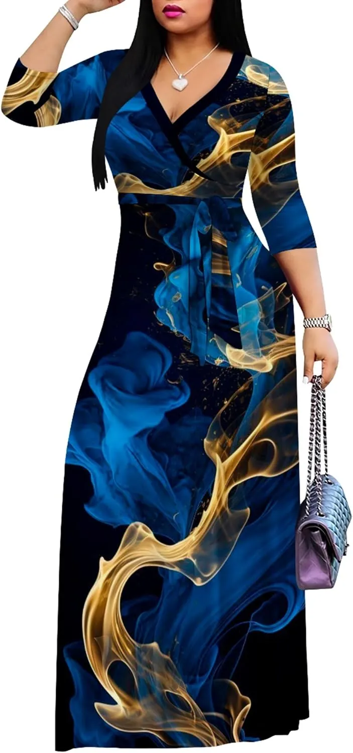 Plus Size Women's Maxi Dress Colorful Printed Maxi Dress Bohemian Casual Summer Sundress V Neck 3/4 Sleeves