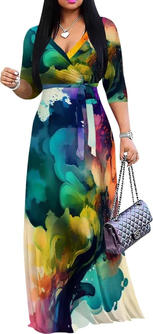 Plus Size Women's Maxi Dress Colorful Printed Maxi Dress Bohemian Casual Summer Sundress V Neck 3/4 Sleeves