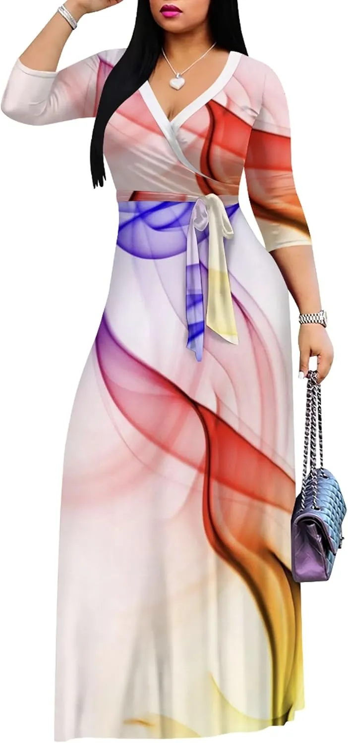 Plus Size Women's Maxi Dress Colorful Printed Maxi Dress Bohemian Casual Summer Sundress V Neck 3/4 Sleeves