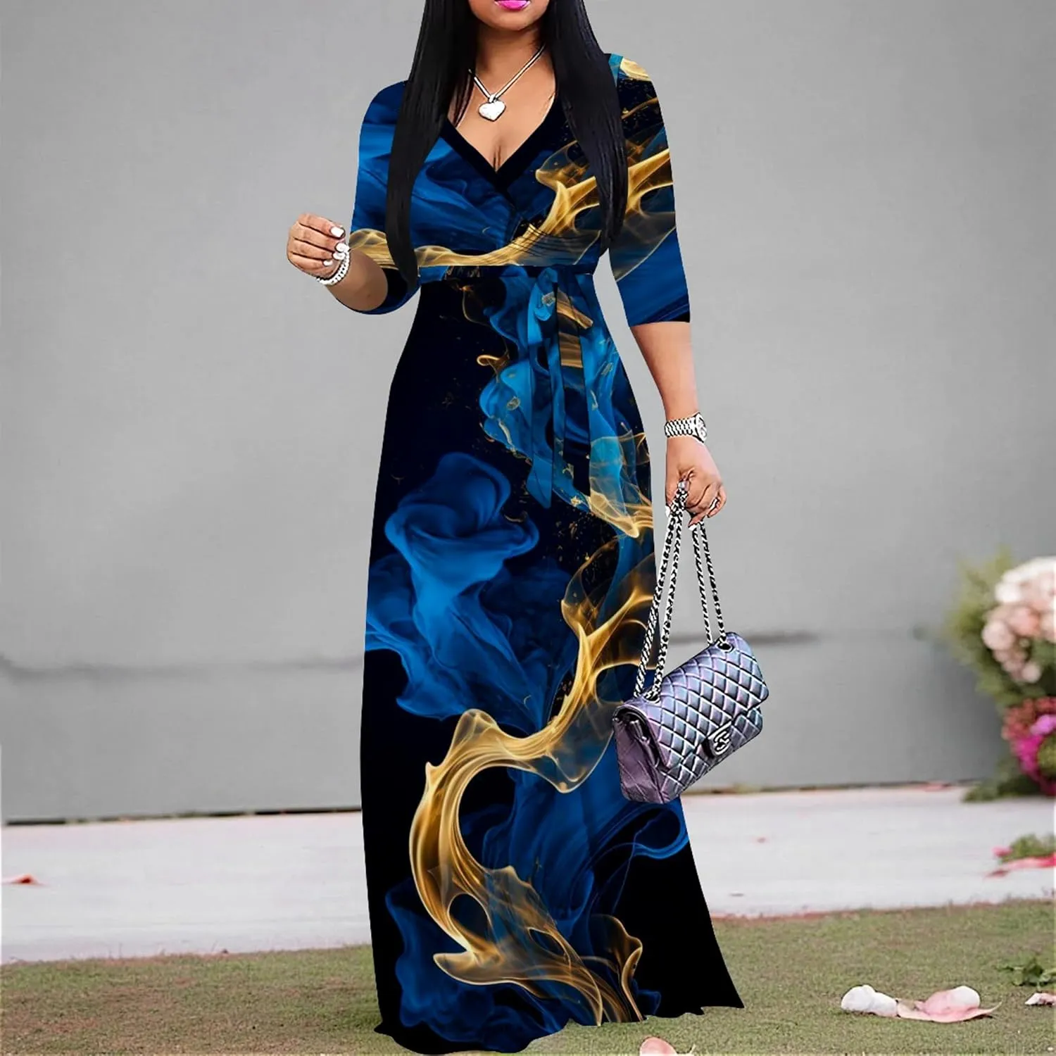 Plus Size Women's Maxi Dress Colorful Printed Maxi Dress Bohemian Casual Summer Sundress V Neck 3/4 Sleeves