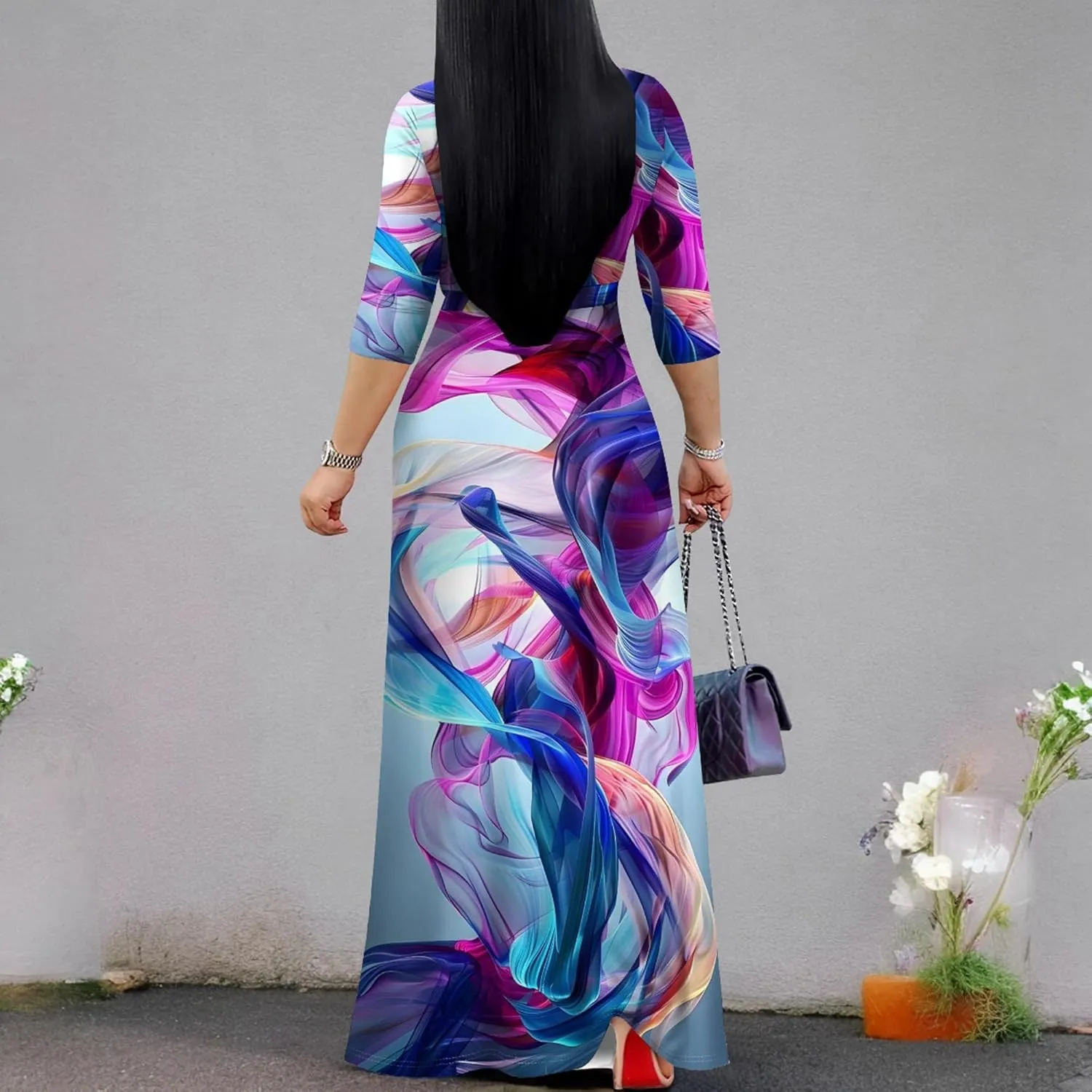 Plus Size Women's Maxi Dress Colorful Printed Maxi Dress Bohemian Casual Summer Sundress V Neck 3/4 Sleeves
