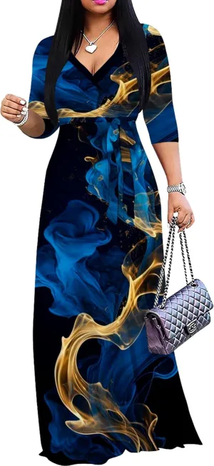 Plus Size Women's Maxi Dress Colorful Printed Maxi Dress Bohemian Casual Summer Sundress V Neck 3/4 Sleeves