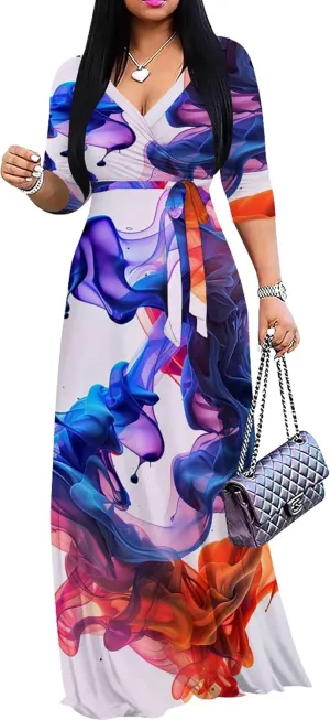 Plus Size Women's Maxi Dress Colorful Printed Maxi Dress Bohemian Casual Summer Sundress V Neck 3/4 Sleeves