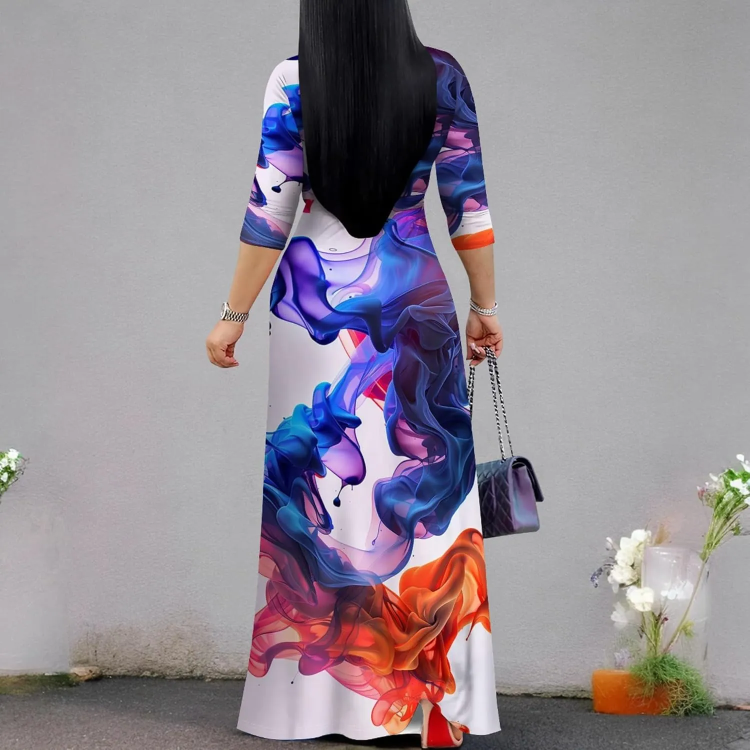 Plus Size Women's Maxi Dress Colorful Printed Maxi Dress Bohemian Casual Summer Sundress V Neck 3/4 Sleeves