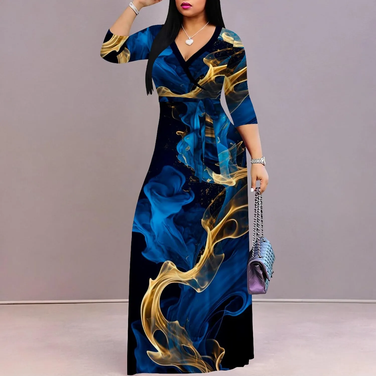 Plus Size Women's Maxi Dress Colorful Printed Maxi Dress Bohemian Casual Summer Sundress V Neck 3/4 Sleeves