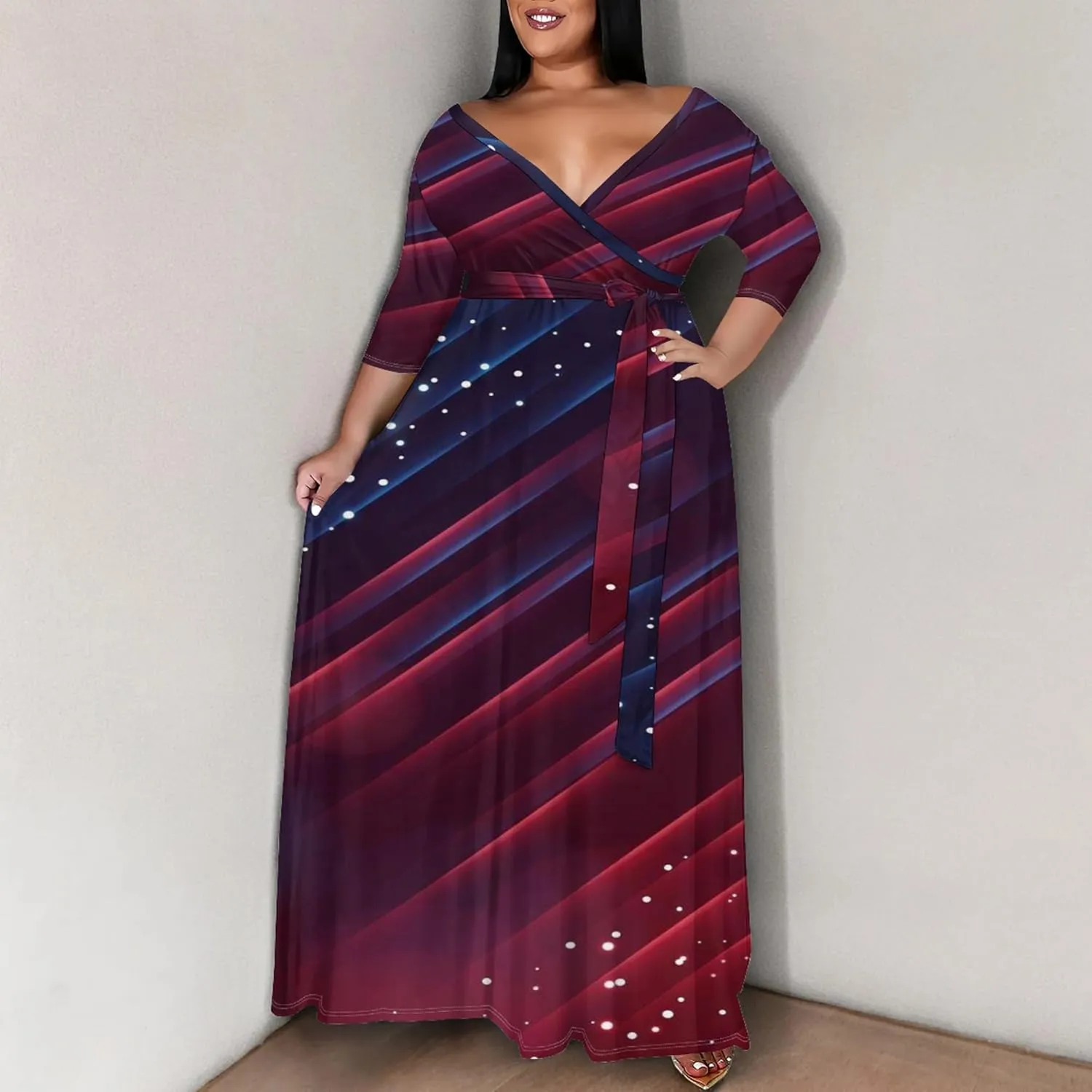 Plus Size Women's Summer Dress Ombre Long Flowy 3/4 Sleeves with Belt V Neck Floral Print Long Dress for Women
