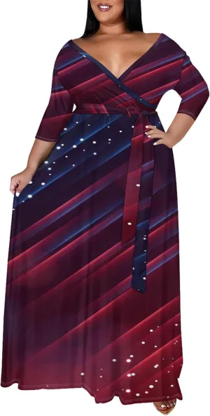 Plus Size Women's Summer Dress Ombre Long Flowy 3/4 Sleeves with Belt V Neck Floral Print Long Dress for Women