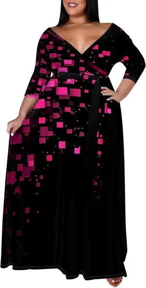 Plus Size Women's Summer Dress Ombre Long Flowy 3/4 Sleeves with Belt V Neck Floral Print Long Dress for Women