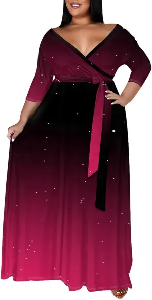 Plus Size Women's Summer Dress Ombre Long Flowy 3/4 Sleeves with Belt V Neck Floral Print Long Dress for Women