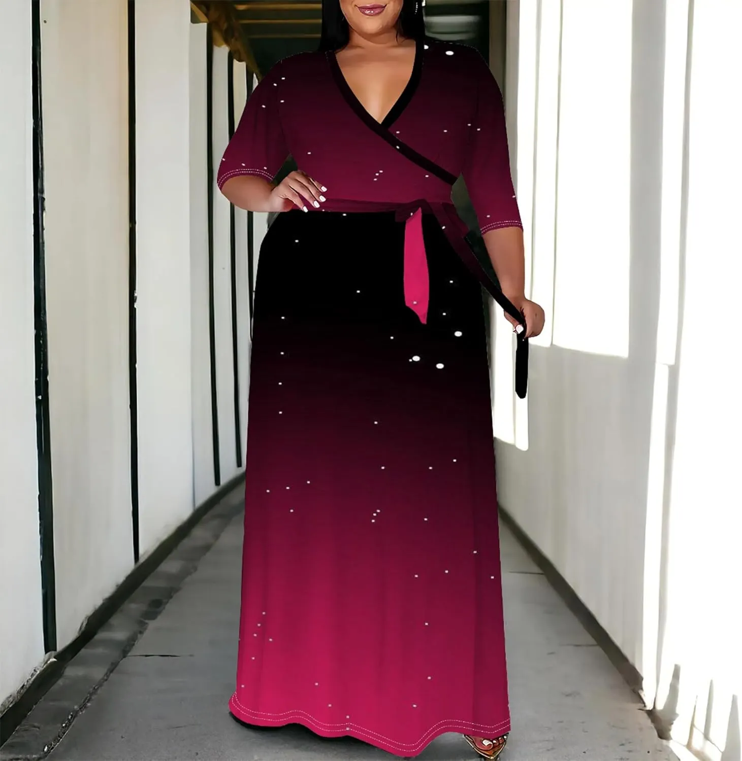 Plus Size Women's Summer Dress Ombre Long Flowy 3/4 Sleeves with Belt V Neck Floral Print Long Dress for Women
