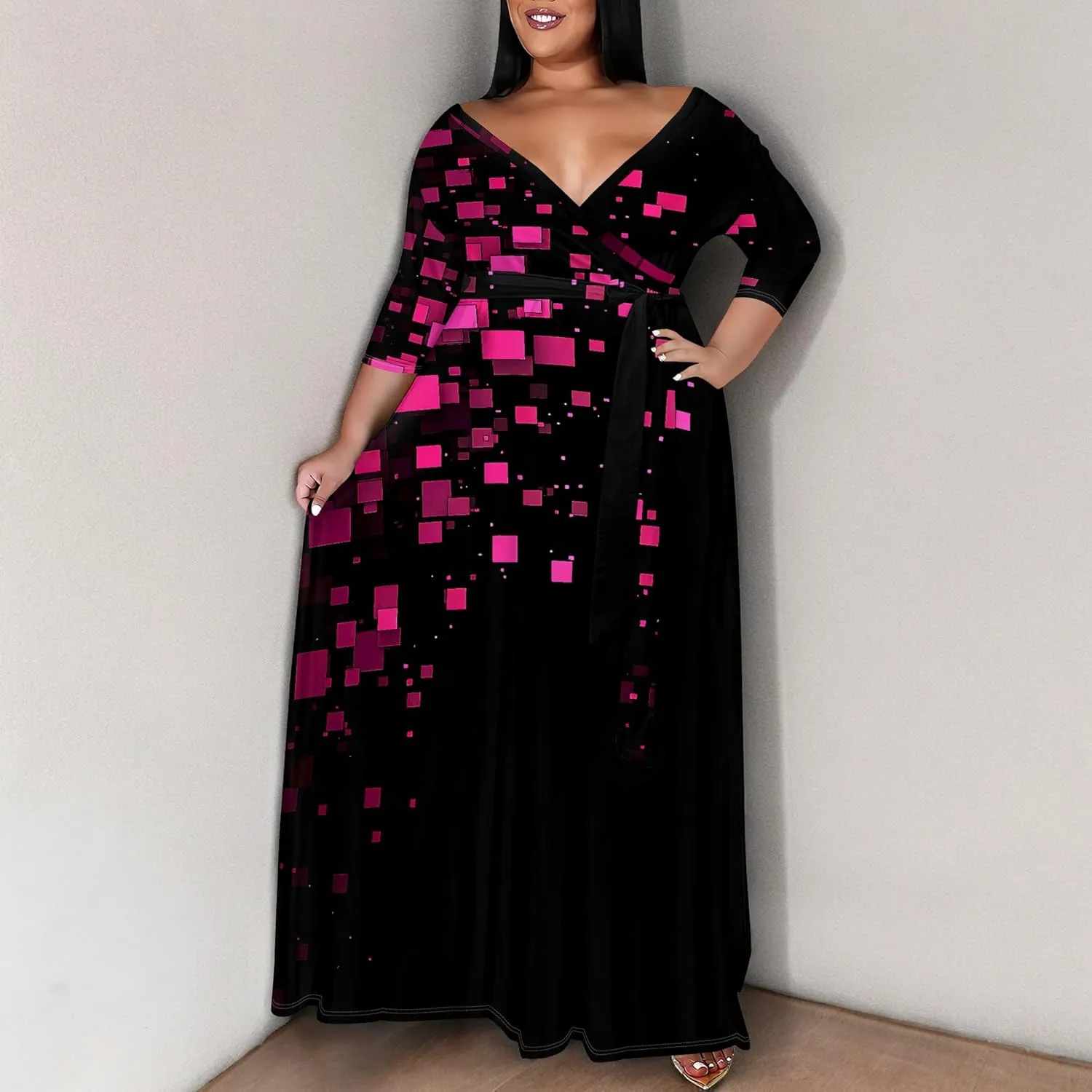 Plus Size Women's Summer Dress Ombre Long Flowy 3/4 Sleeves with Belt V Neck Floral Print Long Dress for Women