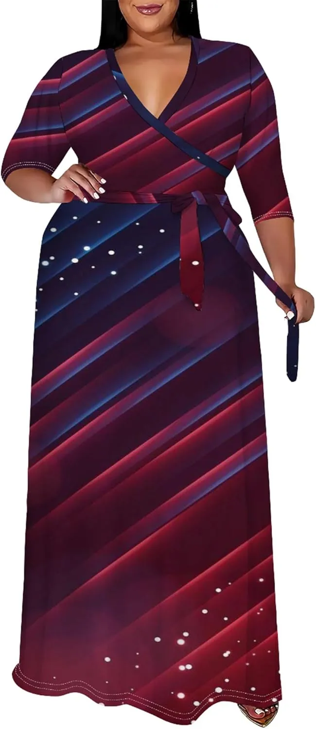 Plus Size Women's Summer Dress Ombre Long Flowy 3/4 Sleeves with Belt V Neck Floral Print Long Dress for Women
