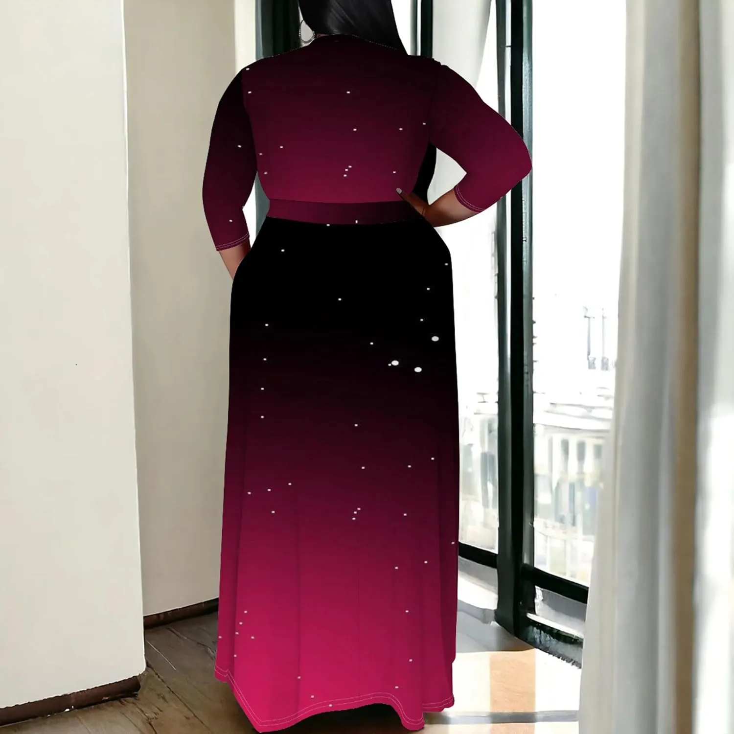 Plus Size Women's Summer Dress Ombre Long Flowy 3/4 Sleeves with Belt V Neck Floral Print Long Dress for Women