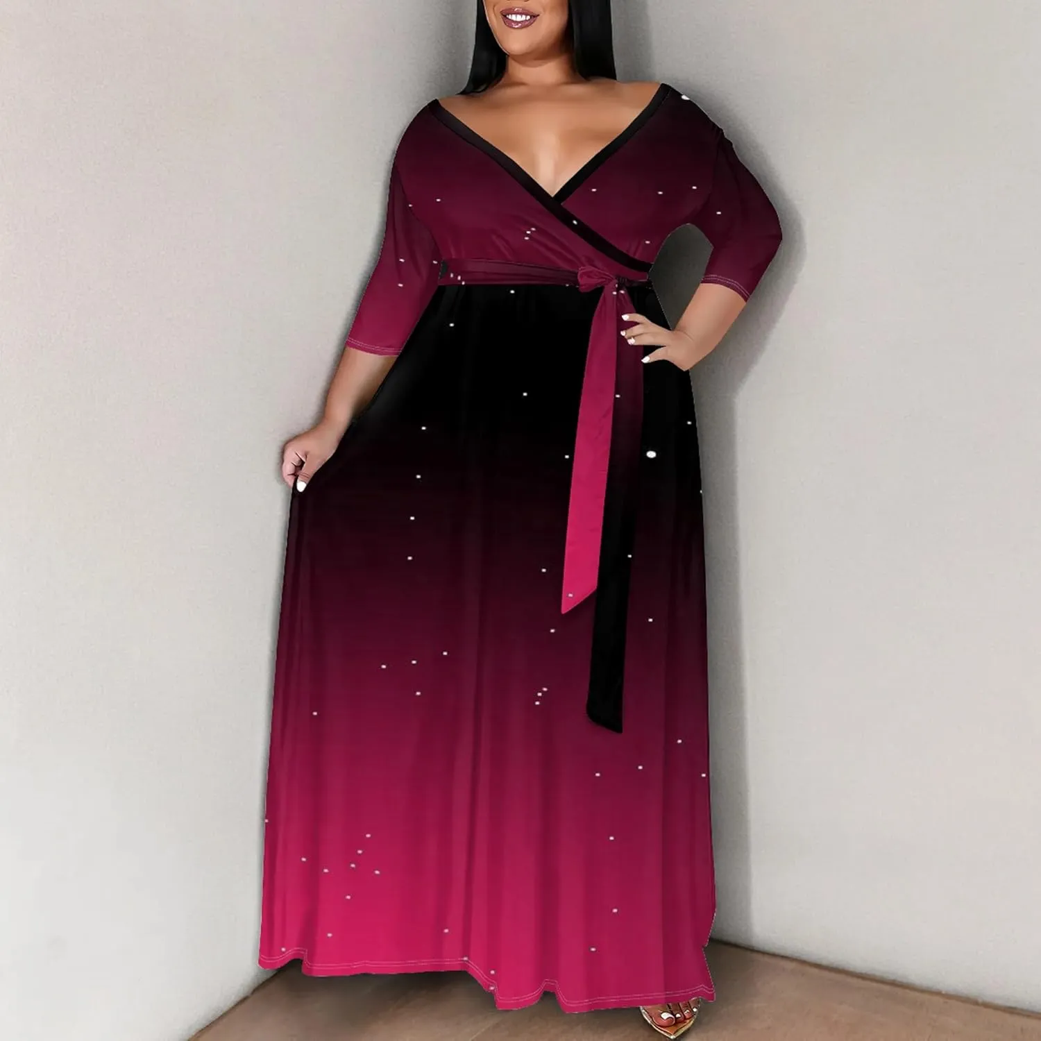 Plus Size Women's Summer Dress Ombre Long Flowy 3/4 Sleeves with Belt V Neck Floral Print Long Dress for Women