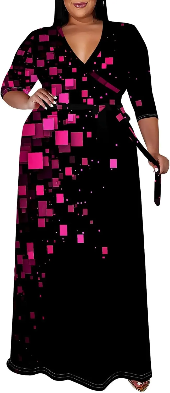 Plus Size Women's Summer Dress Ombre Long Flowy 3/4 Sleeves with Belt V Neck Floral Print Long Dress for Women