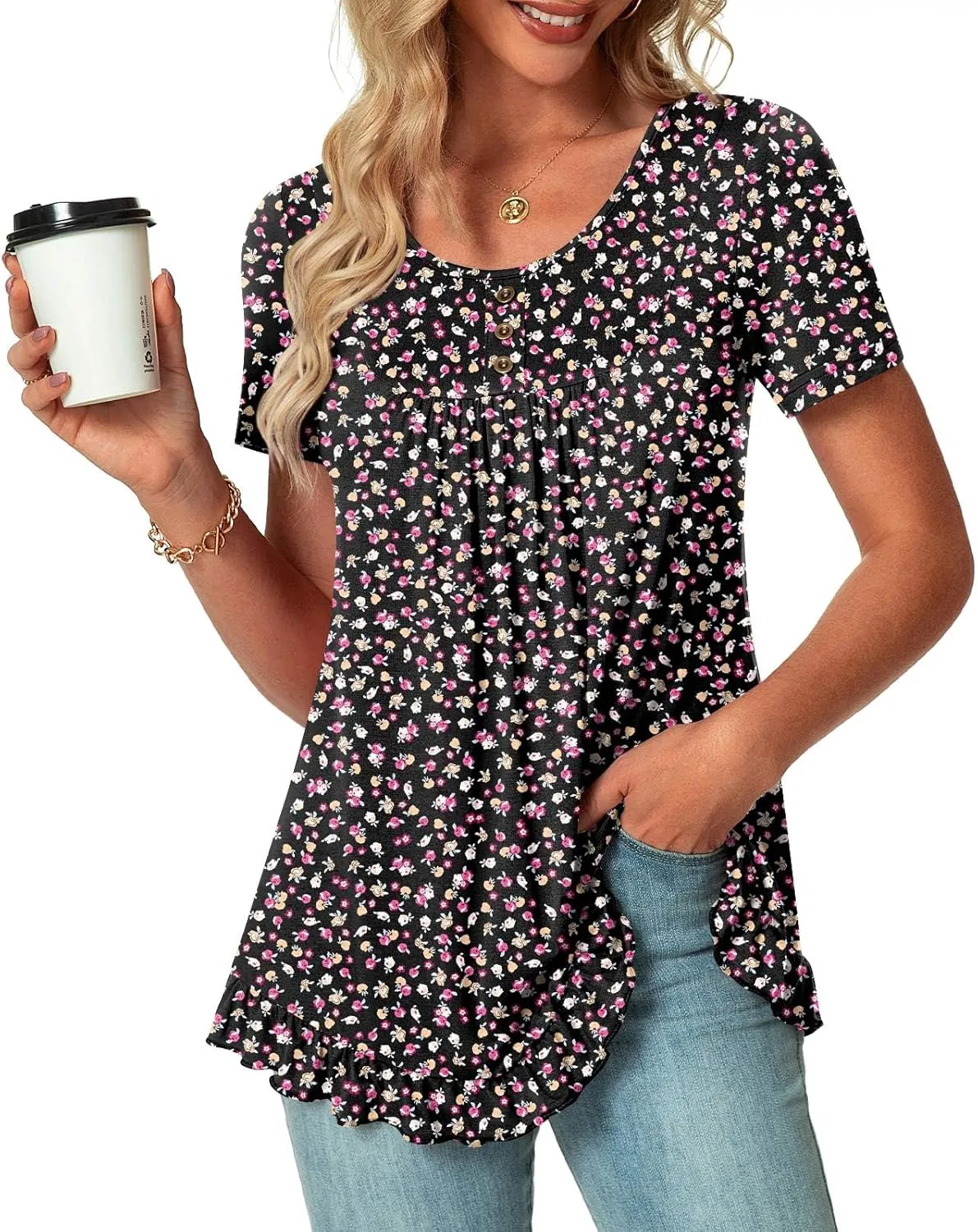 POPYOUNG Tunic Tops for Women Dressy Loose Fit Casual Short Sleeve Long Shirts Ruffled Hem Blouse wear with Leggings