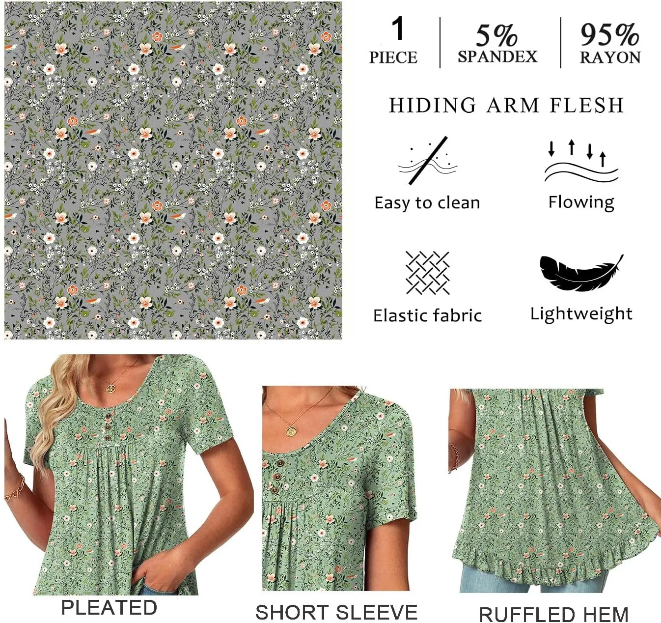 POPYOUNG Tunic Tops for Women Dressy Loose Fit Casual Short Sleeve Long Shirts Ruffled Hem Blouse wear with Leggings