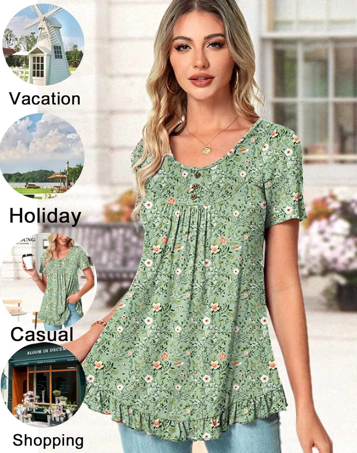 POPYOUNG Tunic Tops for Women Dressy Loose Fit Casual Short Sleeve Long Shirts Ruffled Hem Blouse wear with Leggings