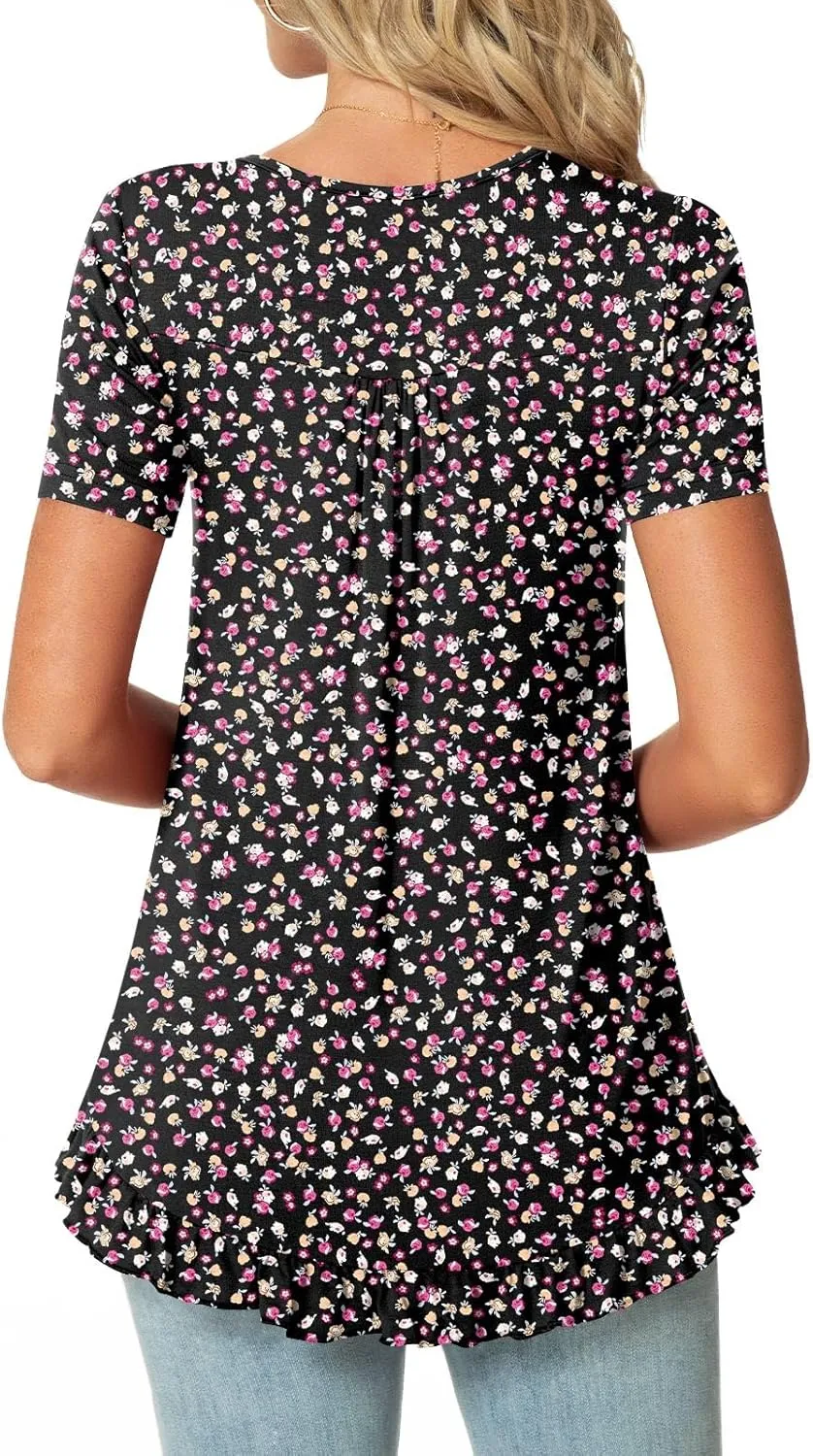 POPYOUNG Tunic Tops for Women Dressy Loose Fit Casual Short Sleeve Long Shirts Ruffled Hem Blouse wear with Leggings