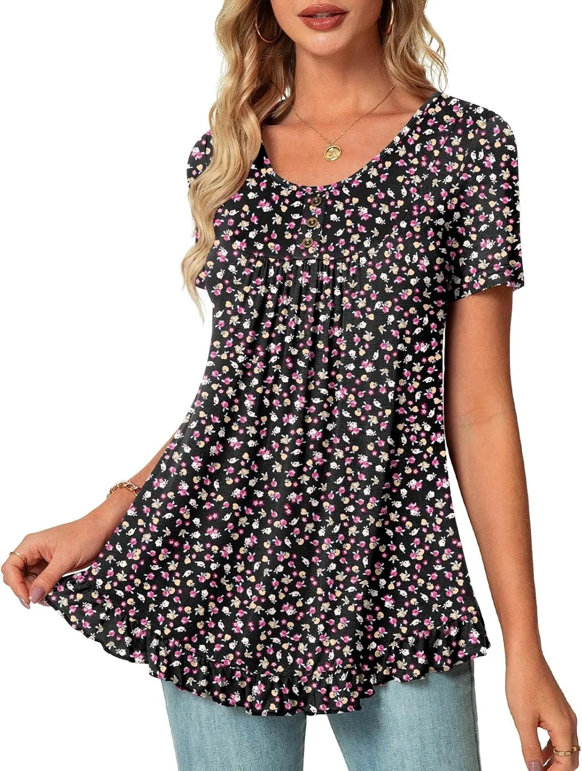 POPYOUNG Tunic Tops for Women Dressy Loose Fit Casual Short Sleeve Long Shirts Ruffled Hem Blouse wear with Leggings
