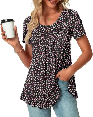POPYOUNG Tunic Tops for Women Dressy Loose Fit Casual Short Sleeve Long Shirts Ruffled Hem Blouse wear with Leggings