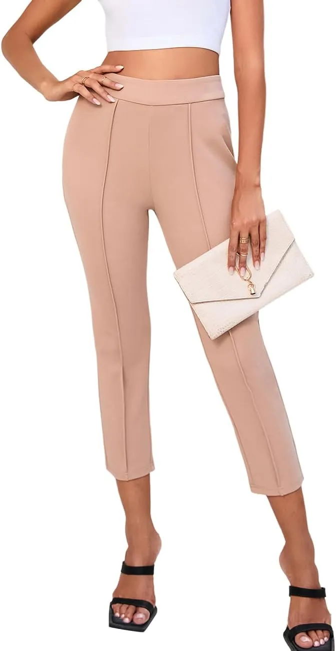 POPZONE Women's Casual Work Pants Business Cropped Dressy Pants Classic High Waisted Trousers