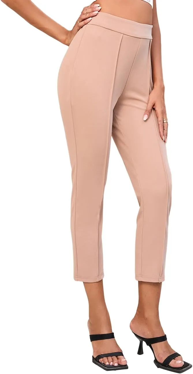 POPZONE Women's Casual Work Pants Business Cropped Dressy Pants Classic High Waisted Trousers