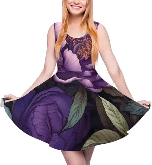 Purple Peony Floral Women's Dress Round Neck Dress Sleeveless Tank Dress Ruffle Hem Mini Dresses XL