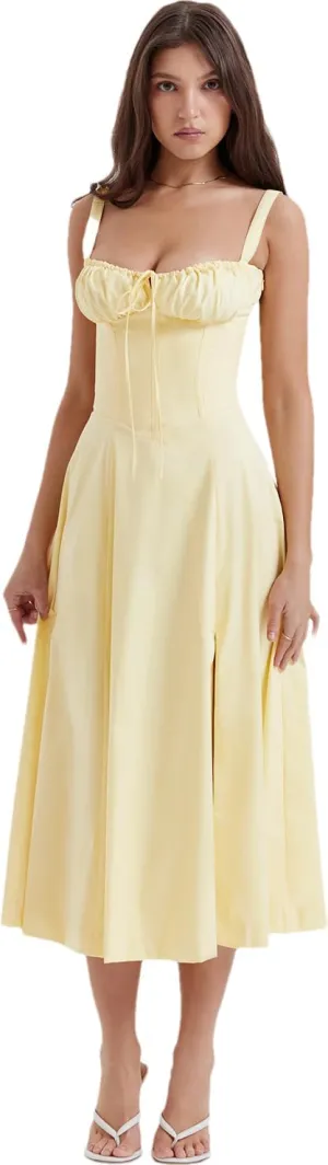 RanRui Women's Floral deep Vneck Midi Dress Dress Sexy Waist Split Medium and Long Dress Strap Pleated Suspender Skirt
