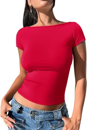 REORIA Women's Casual Boatneck Cap Sleeve Basic Tops Trendy Summer Cotton Going Out Fashion Y2K T-Shirts Slim Fitted Clothes