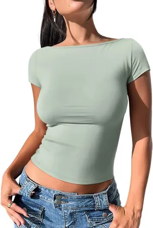 REORIA Women's Casual Boatneck Cap Sleeve Basic Tops Trendy Summer Cotton Going Out Fashion Y2K T-Shirts Slim Fitted Clothes