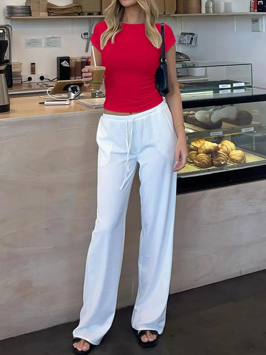 REORIA Women's Casual Boatneck Cap Sleeve Basic Tops Trendy Summer Cotton Going Out Fashion Y2K T-Shirts Slim Fitted Clothes