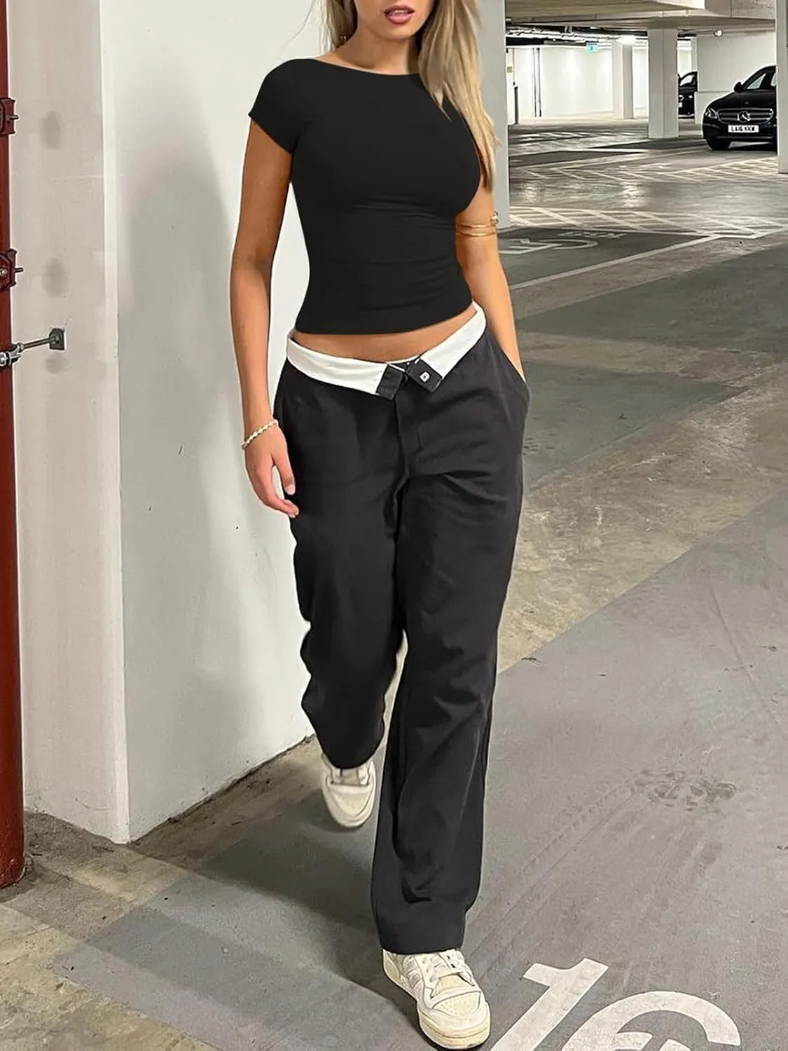 REORIA Women's Casual Boatneck Cap Sleeve Basic Tops Trendy Summer Cotton Going Out Fashion Y2K T-Shirts Slim Fitted Clothes