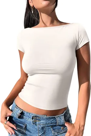 REORIA Women's Casual Boatneck Cap Sleeve Basic Tops Trendy Summer Cotton Going Out Fashion Y2K T-Shirts Slim Fitted Clothes
