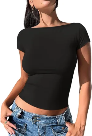 REORIA Women's Casual Boatneck Cap Sleeve Basic Tops Trendy Summer Cotton Going Out Fashion Y2K T-Shirts Slim Fitted Clothes