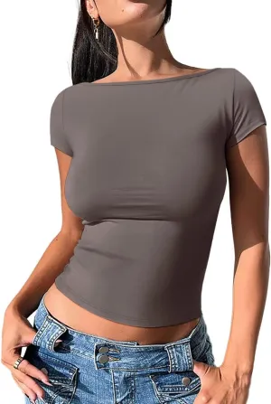 REORIA Women's Casual Boatneck Cap Sleeve Basic Tops Trendy Summer Cotton Going Out Fashion Y2K T-Shirts Slim Fitted Clothes