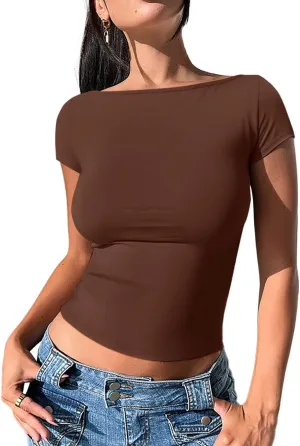 REORIA Women's Casual Boatneck Cap Sleeve Basic Tops Trendy Summer Cotton Going Out Fashion Y2K T-Shirts Slim Fitted Clothes
