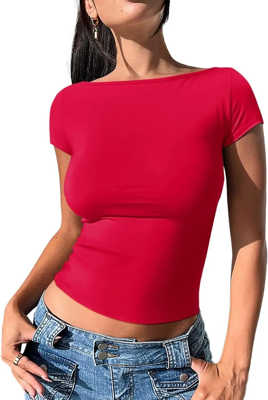 REORIA Women's Casual Boatneck Cap Sleeve Basic Tops Trendy Summer Cotton Going Out Fashion Y2K T-Shirts Slim Fitted Clothes