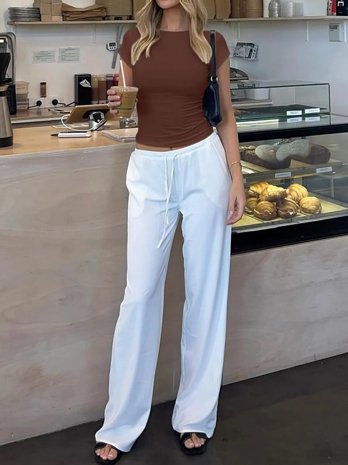 REORIA Women's Casual Boatneck Cap Sleeve Basic Tops Trendy Summer Cotton Going Out Fashion Y2K T-Shirts Slim Fitted Clothes