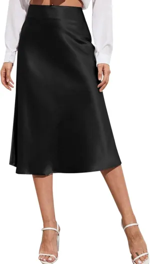 Rvidbe Women's Elastic High Waisted Midi Skirts Summer Dressy Casual Work Office Flowy A-Line Flared Stain Long Skirts