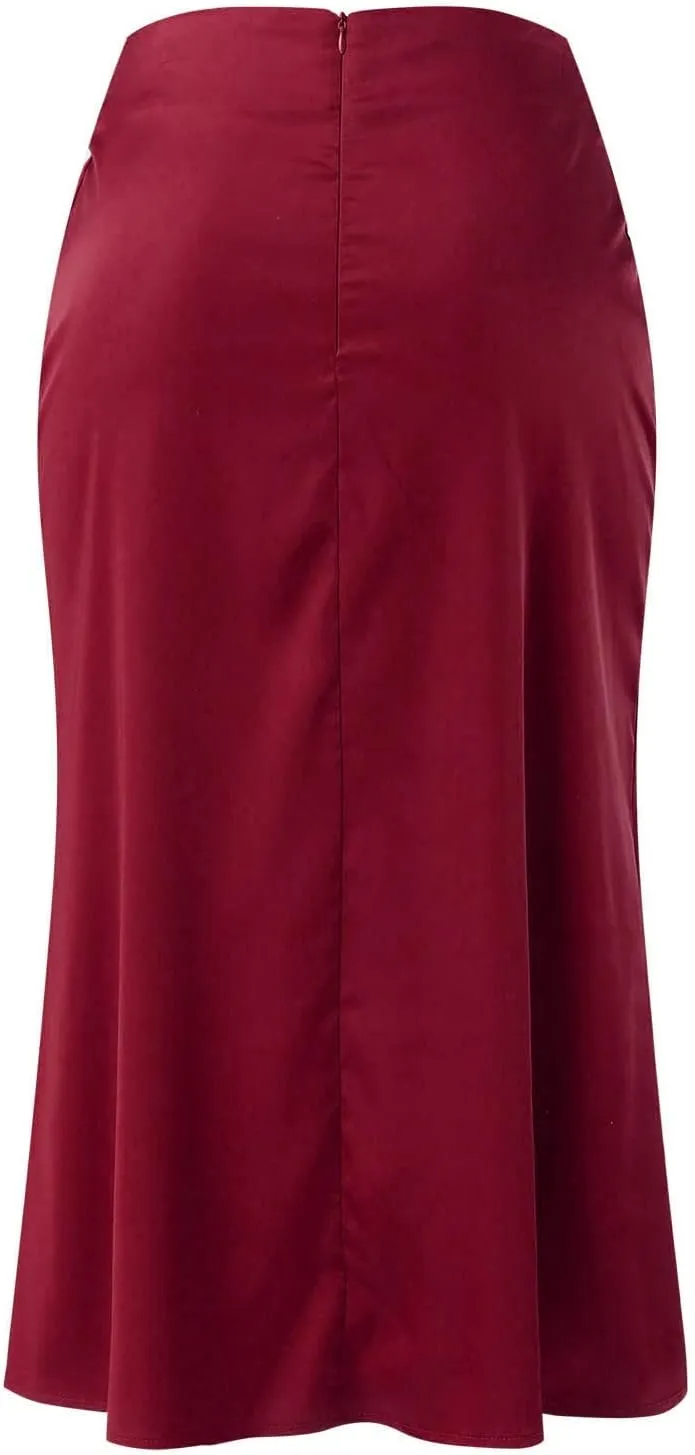 Rvidbe Women's Elastic High Waisted Midi Skirts Summer Dressy Casual Work Office Flowy A-Line Flared Stain Long Skirts