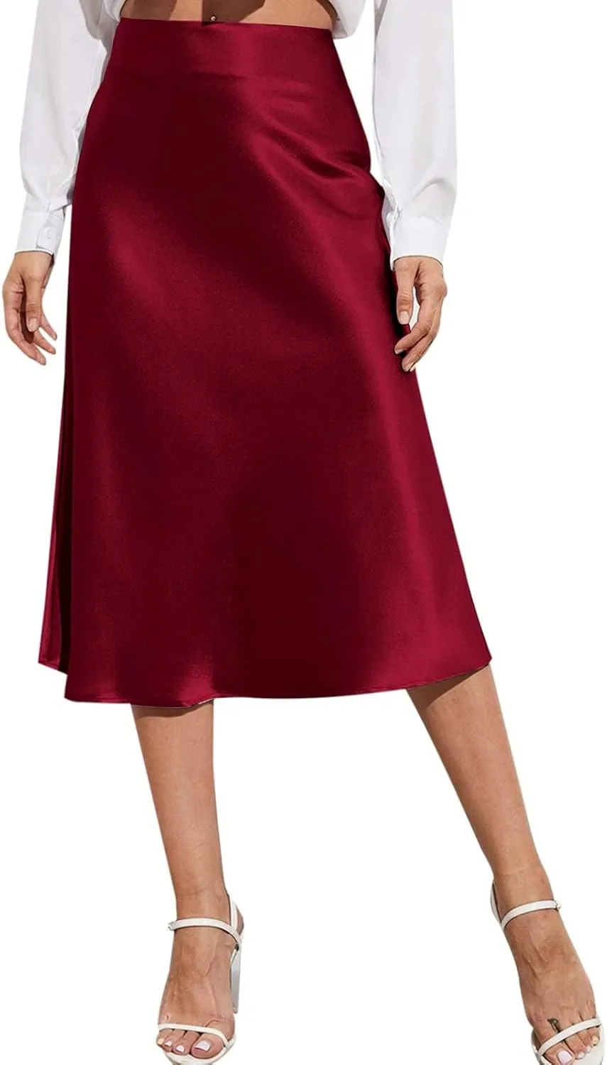 Rvidbe Women's Elastic High Waisted Midi Skirts Summer Dressy Casual Work Office Flowy A-Line Flared Stain Long Skirts